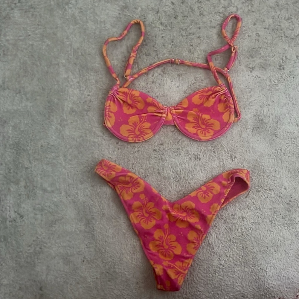 Frankies Bikinis Pink and Orange Hibiscus Bikini Set